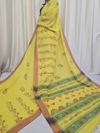 Sunshine Yellow Pure Khesh Cotton Saree with Multicolour Hand Kantha Stitch