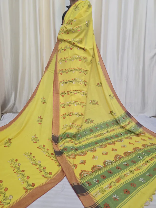 Sunshine Yellow Pure Khesh Cotton Saree with Multicolour Hand Kantha Stitch