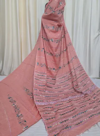 Peach Pure Khesh Cotton Saree with Teal and White Hand Kantha Stitch