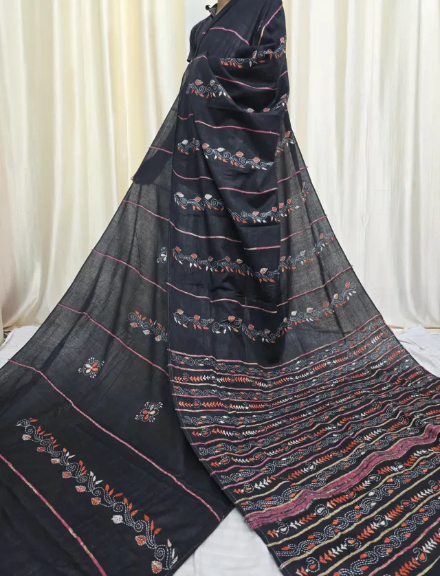 Jet Black Pure Khesh Cotton Saree with Multicolour Hand Kantha Stitch
