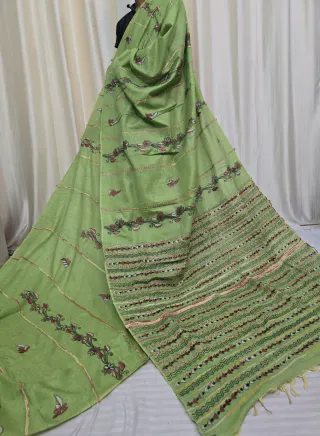Parrot Green Pure Khesh Cotton Saree with Hand Kantha Stitch