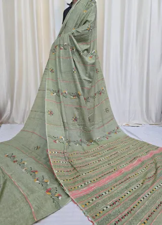 Sage Green Pure Khesh Cotton Saree with Multicolour Hand Kantha Stitch
