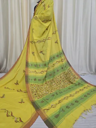 Sunshine Yellow Pure Khesh Cotton Saree with Green Panel Hand Kantha Stitch