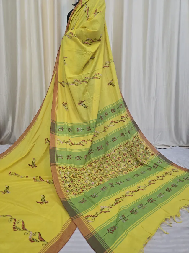 Sunshine Yellow Pure Khesh Cotton Saree with Green Panel Hand Kantha Stitch