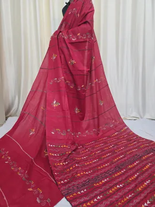 Crimson Red Pure Khesh Cotton Saree with Multicolour Hand Kantha Stitch