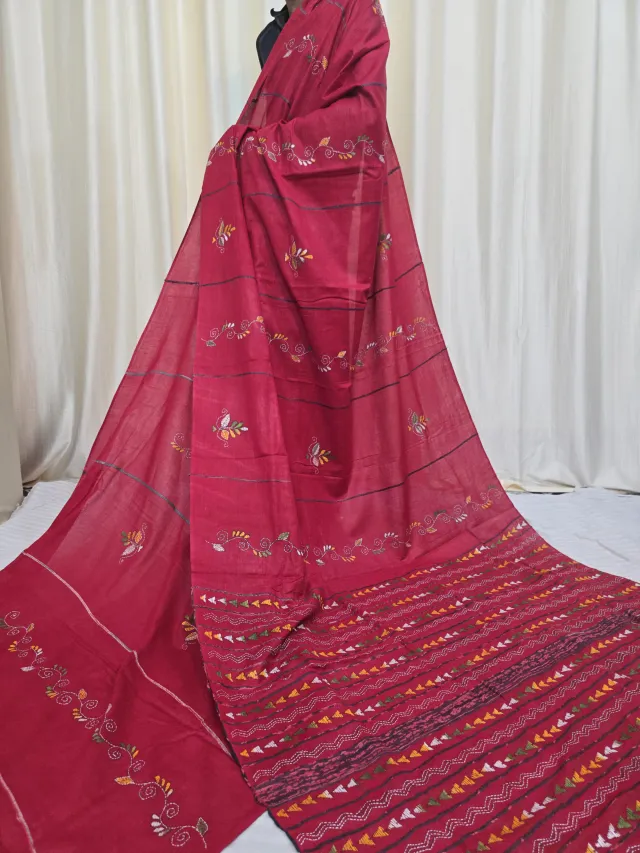 Crimson Red Pure Khesh Cotton Saree with Multicolour Hand Kantha Stitch