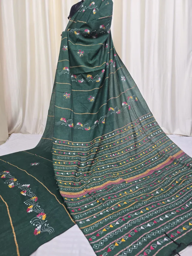 Forest Green Pure Khesh Cotton Saree with Multicolour Hand Kantha Stitch