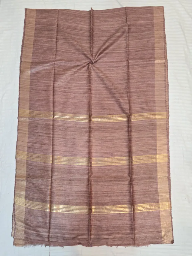 Brown Single Dye Pure Ghicha Tussar Silk Saree with Golden Zari Par