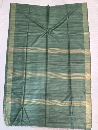 Bottle Green Single Dye Pure Ghicha Tussar Silk Saree with Golden Zari Par