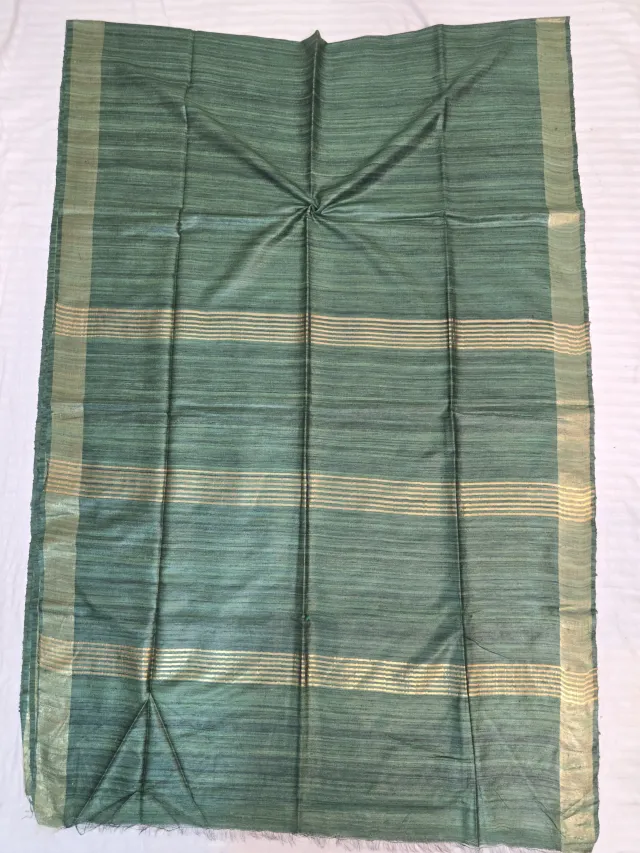 Bottle Green Single Dye Pure Ghicha Tussar Silk Saree with Golden Zari Par
