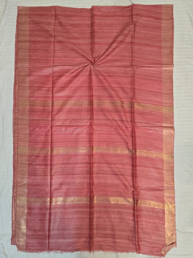 Peach Pink Single Dye Pure Ghicha Tussar Silk Saree with Golden Zari Par