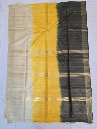Natural Tussar, Mustard Yellow and Black 3 Dye Pure Ghicha Silk Saree with Golden Zari Par