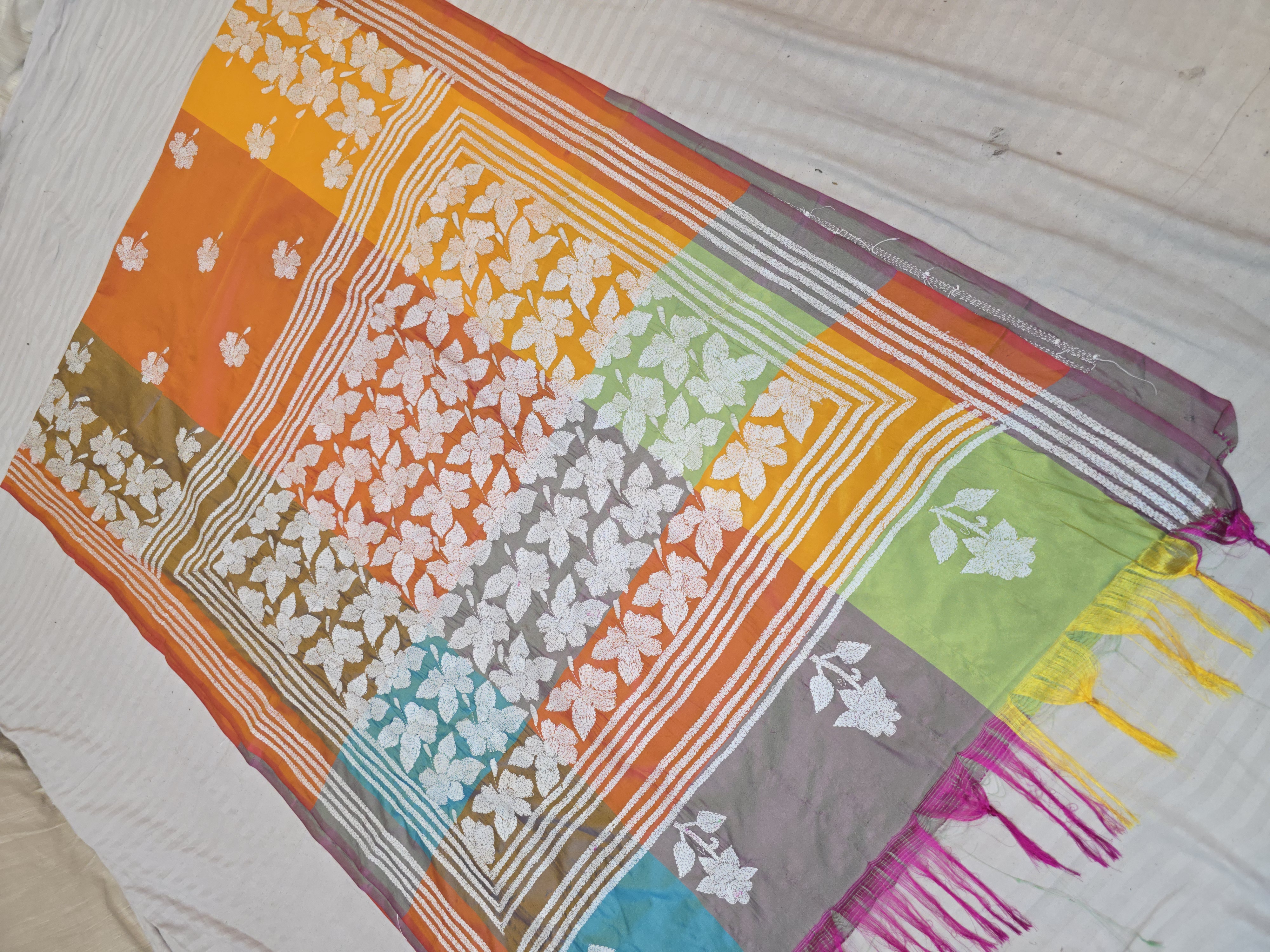 Mango Orange Multi-Color Blended Bangalore Silk Saree with Handcrafted 3D Kantha Stitch Embroidery