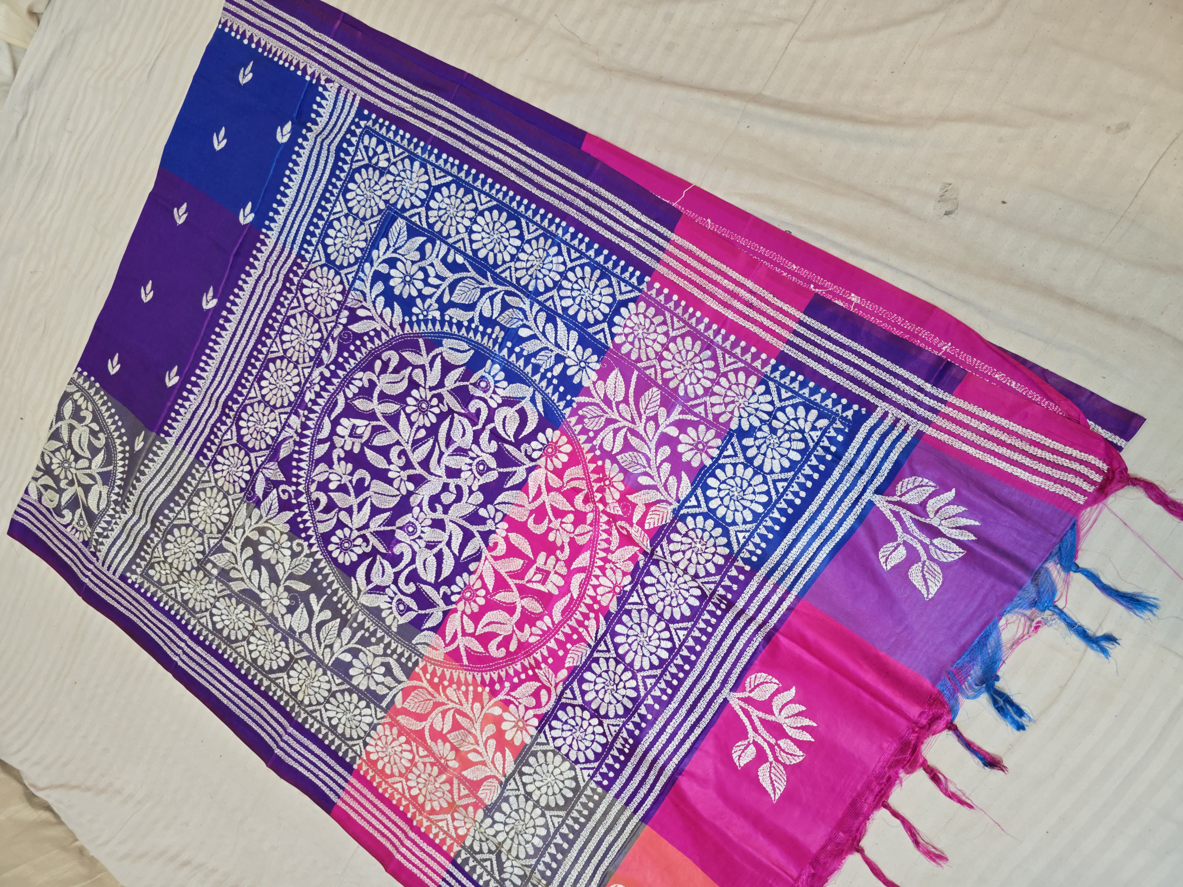 Royal Violet Multi-Color Blended Bangalore Silk Saree with Handcrafted 3D Kantha Stitch Medallion Pallu