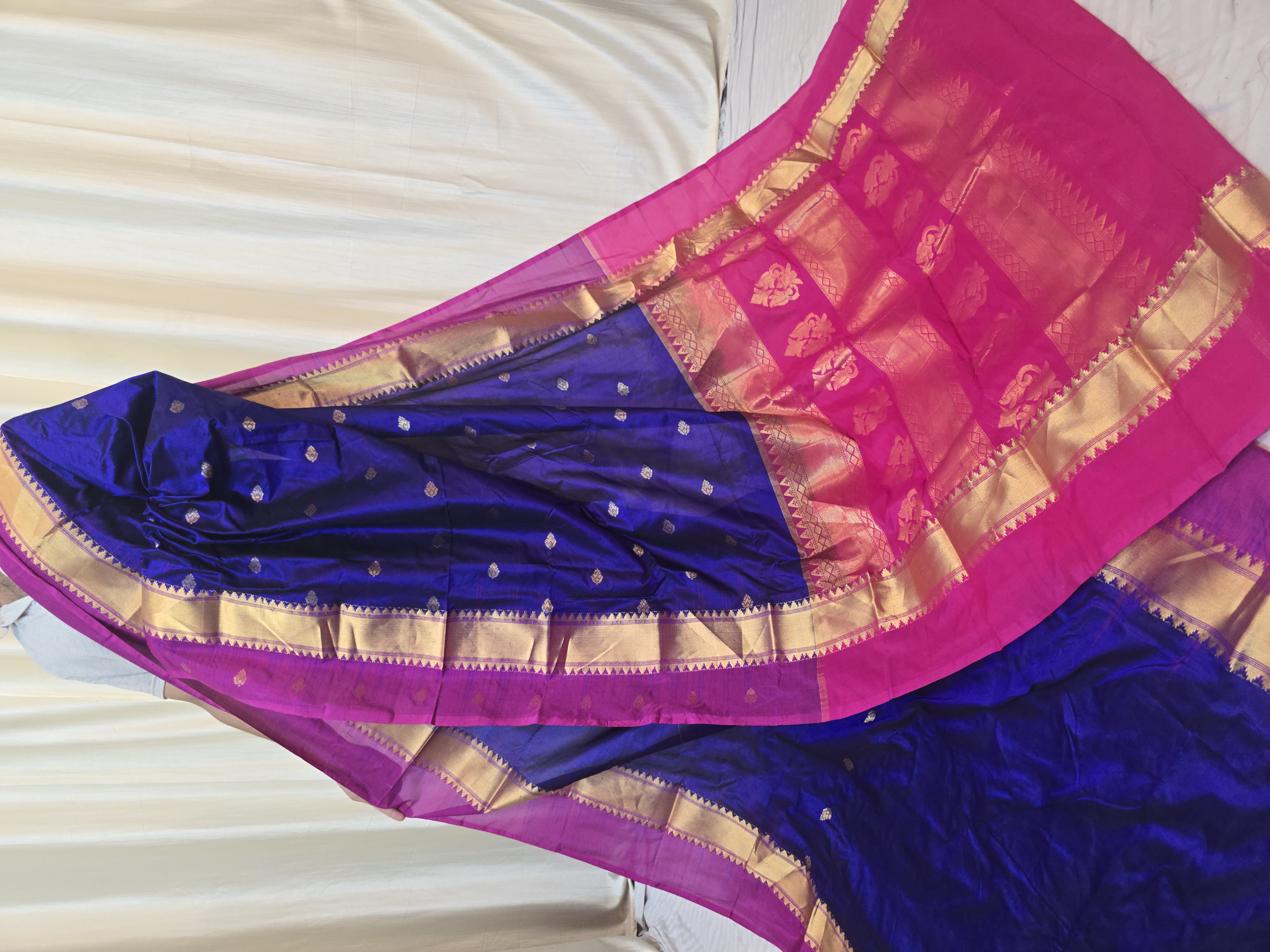 Royal Sapphire Blue Pure Kanjivaram Silk Saree with Rani Pink Contrast Gold Zari Brocade Pallu