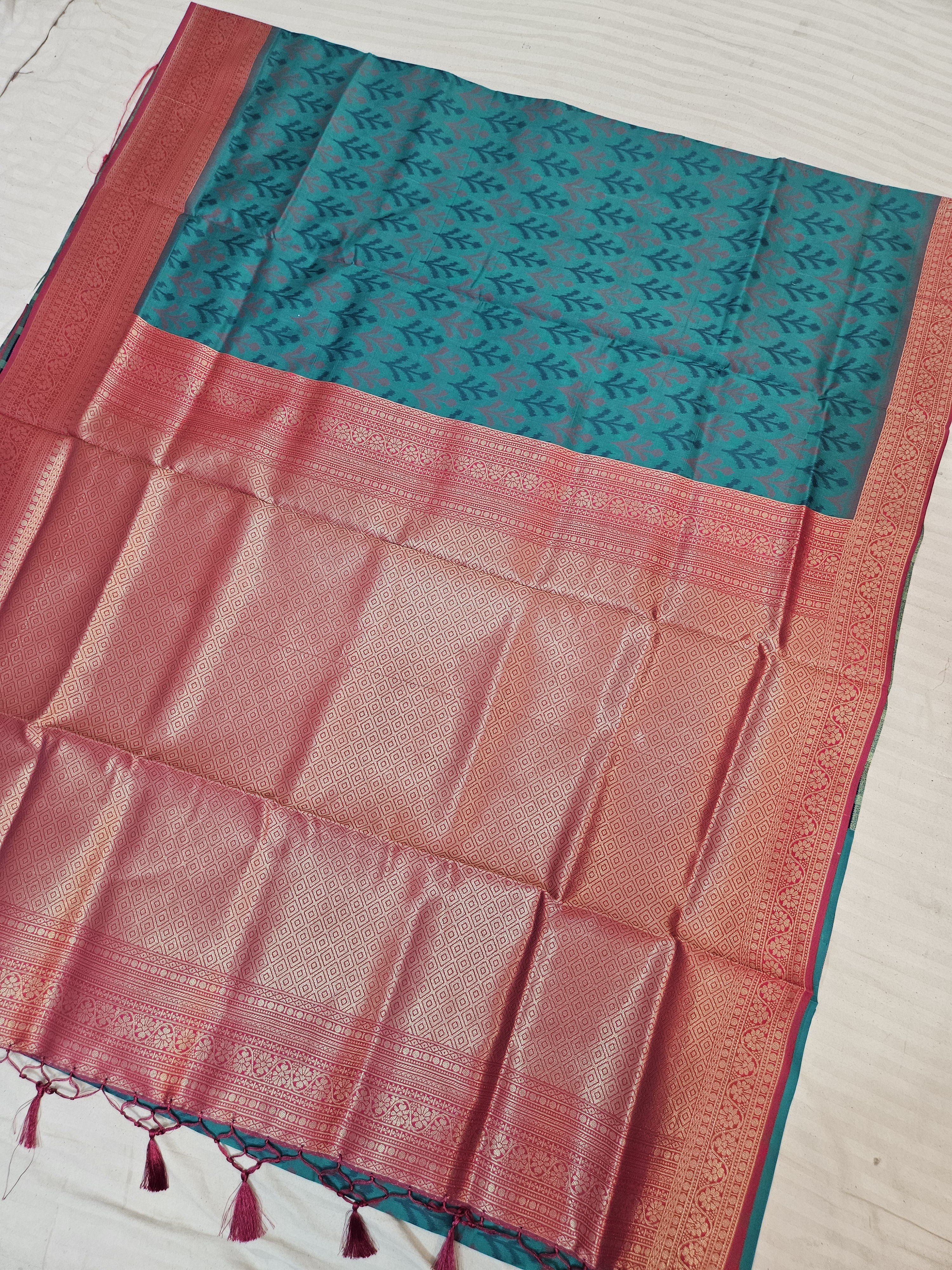 Teal Blue Ikkat Kota Soft Silk Saree with Rich Contrast Red Zari Brocade Pallu