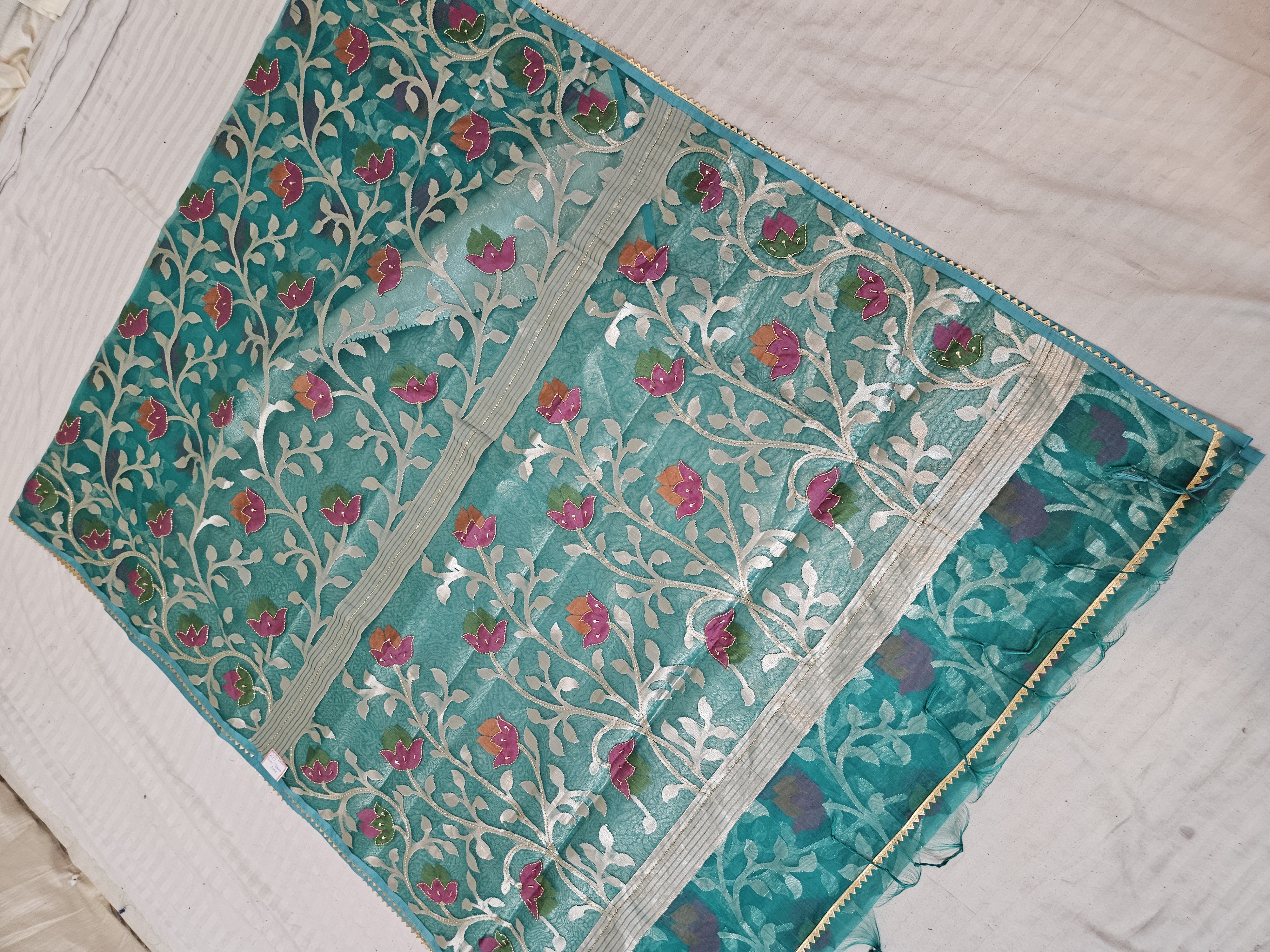 Teal Green and Silver Mint Muslin Jamdani Soft Silk Saree with All-Over Floral Jaal and Meenakari Weave