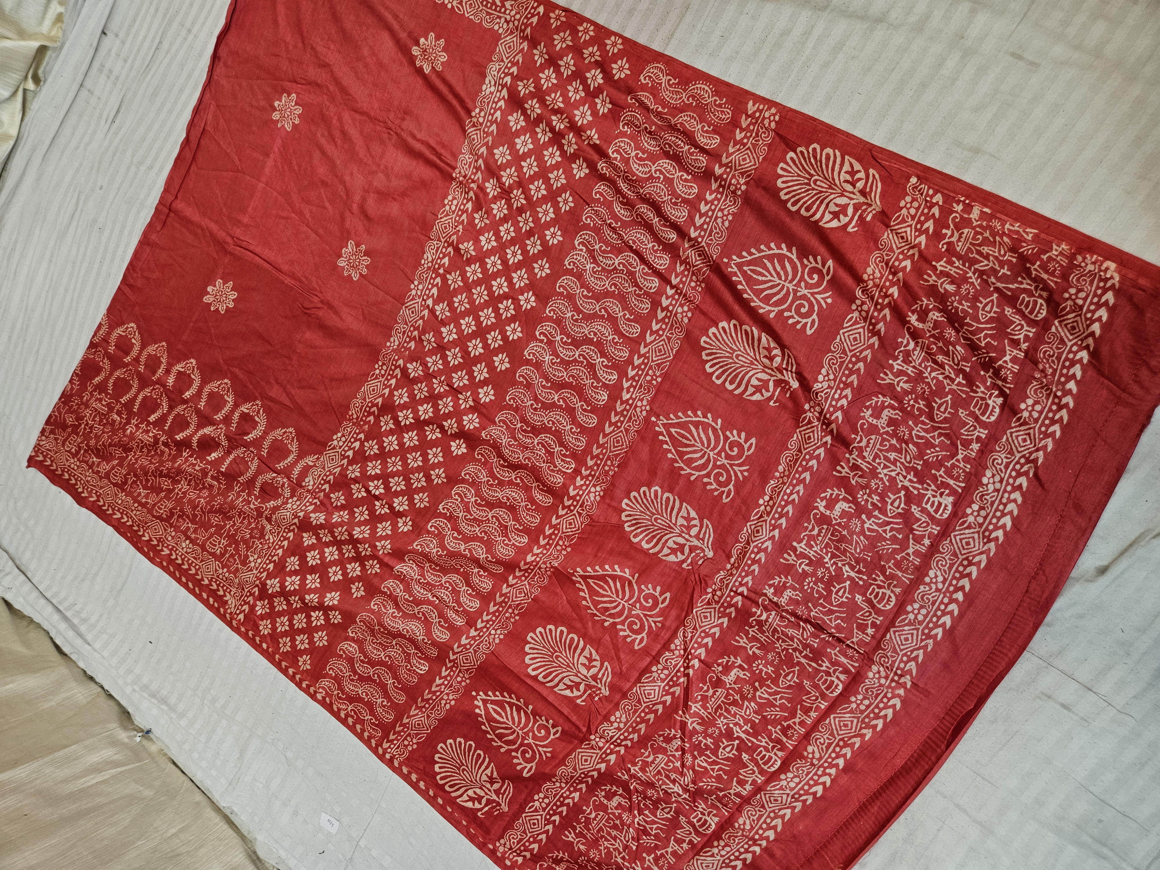 Crimson Red Hand Block Printed Bafta Silk Saree with Paan Motifs and Traditional Aanchal