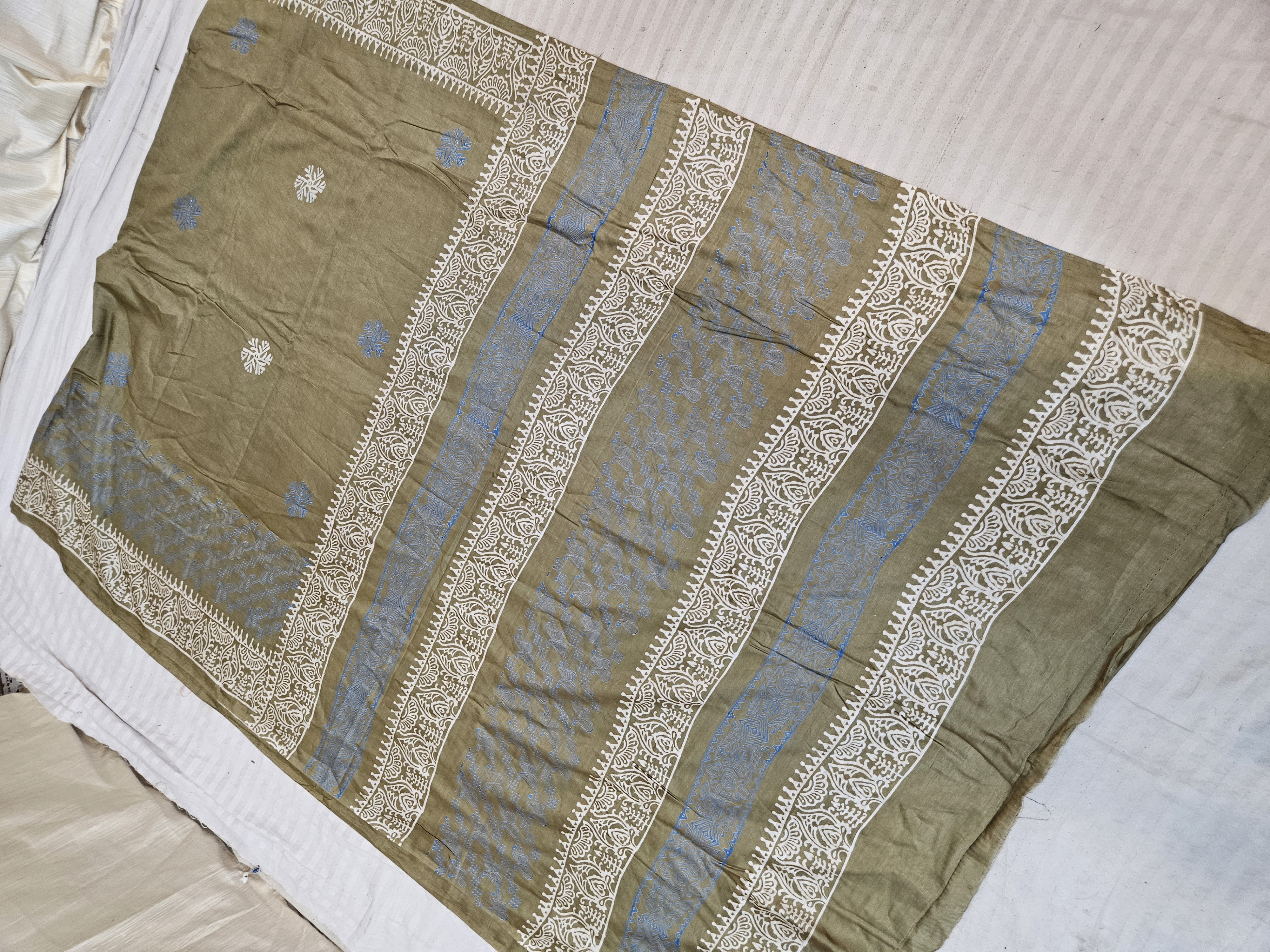 Mehndi Green Hand Block Printed Bafta Silk Saree with Paisley Kalkas and Traditional Aanchal