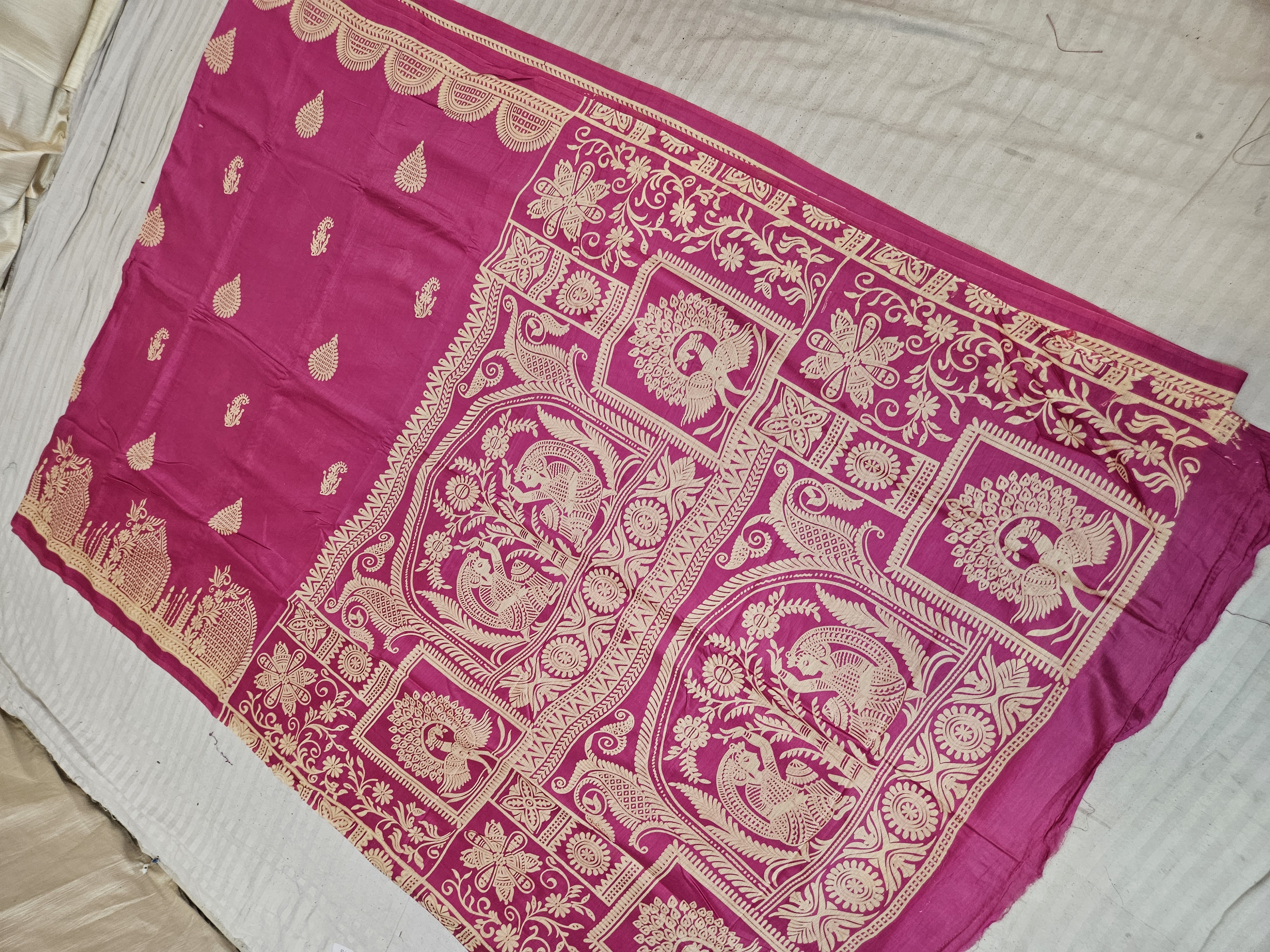 Rani Pink Hand Block Printed Bafta Silk Saree with Radha Krishna Panels and Traditional Aanchal