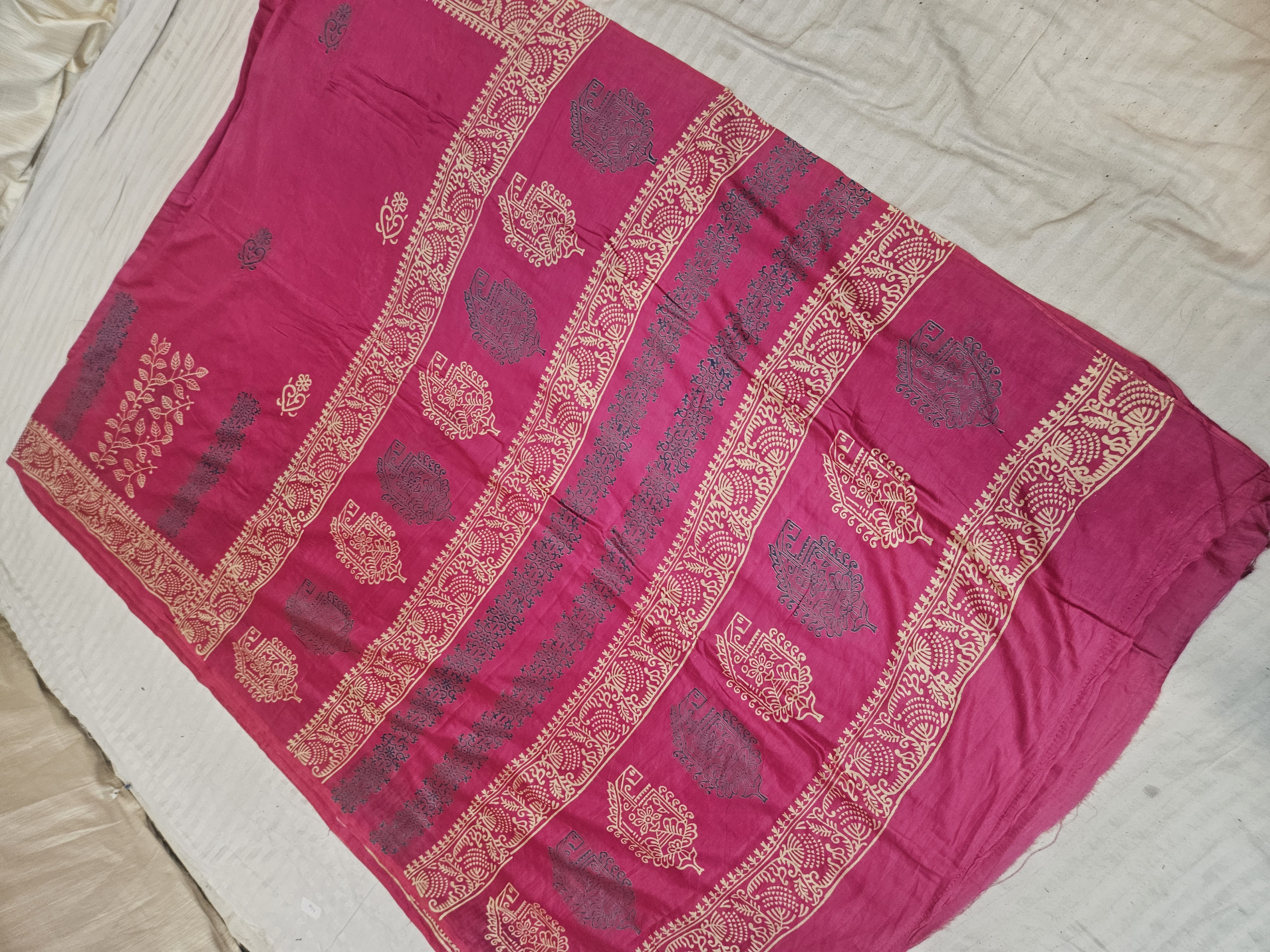 Rani Pink Hand Block Printed Bafta Silk Saree with Royal Elephant and Paan Motifs