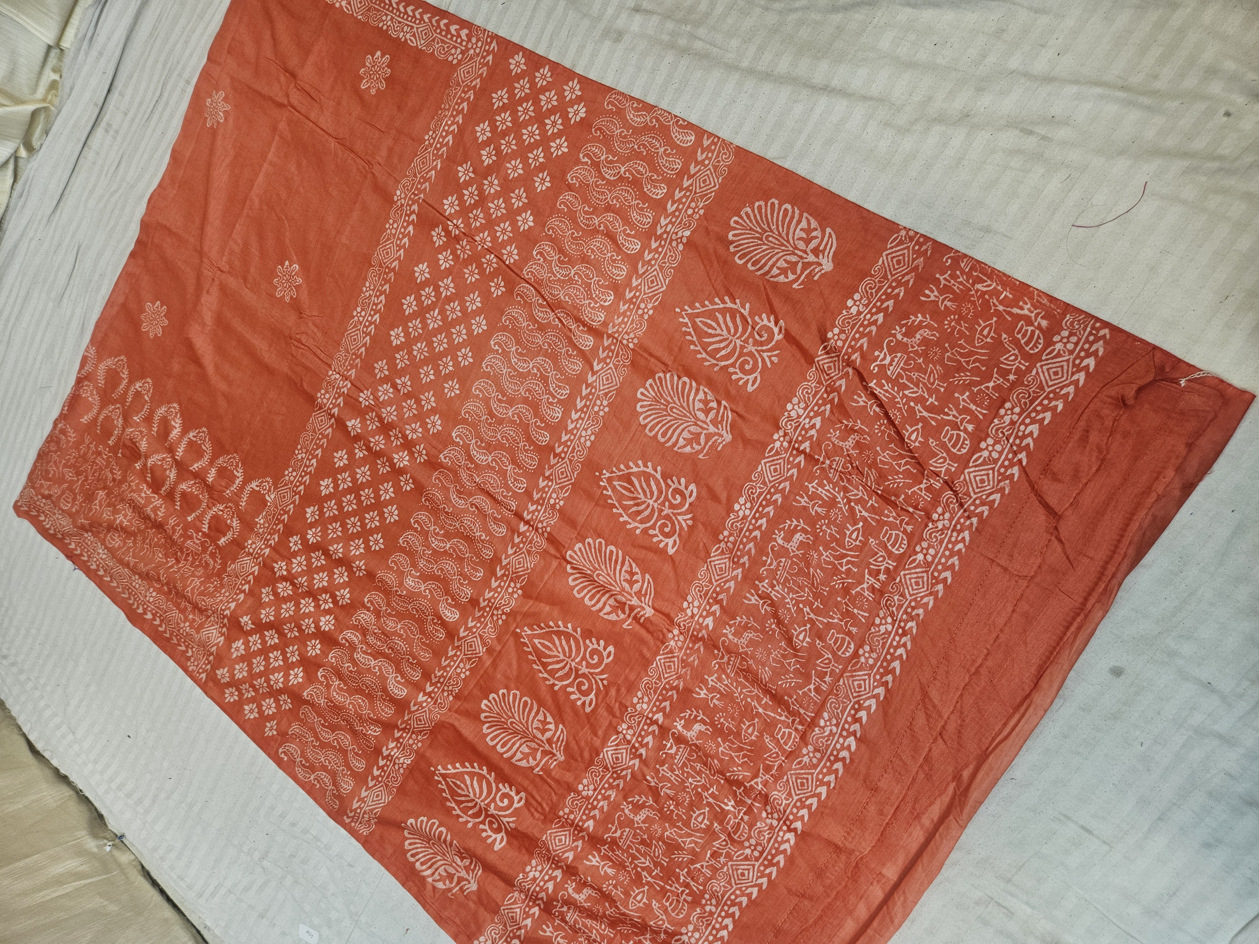Rust Orange Hand Block Printed Bafta Silk Saree with Paan Motifs and Traditional Aanchal