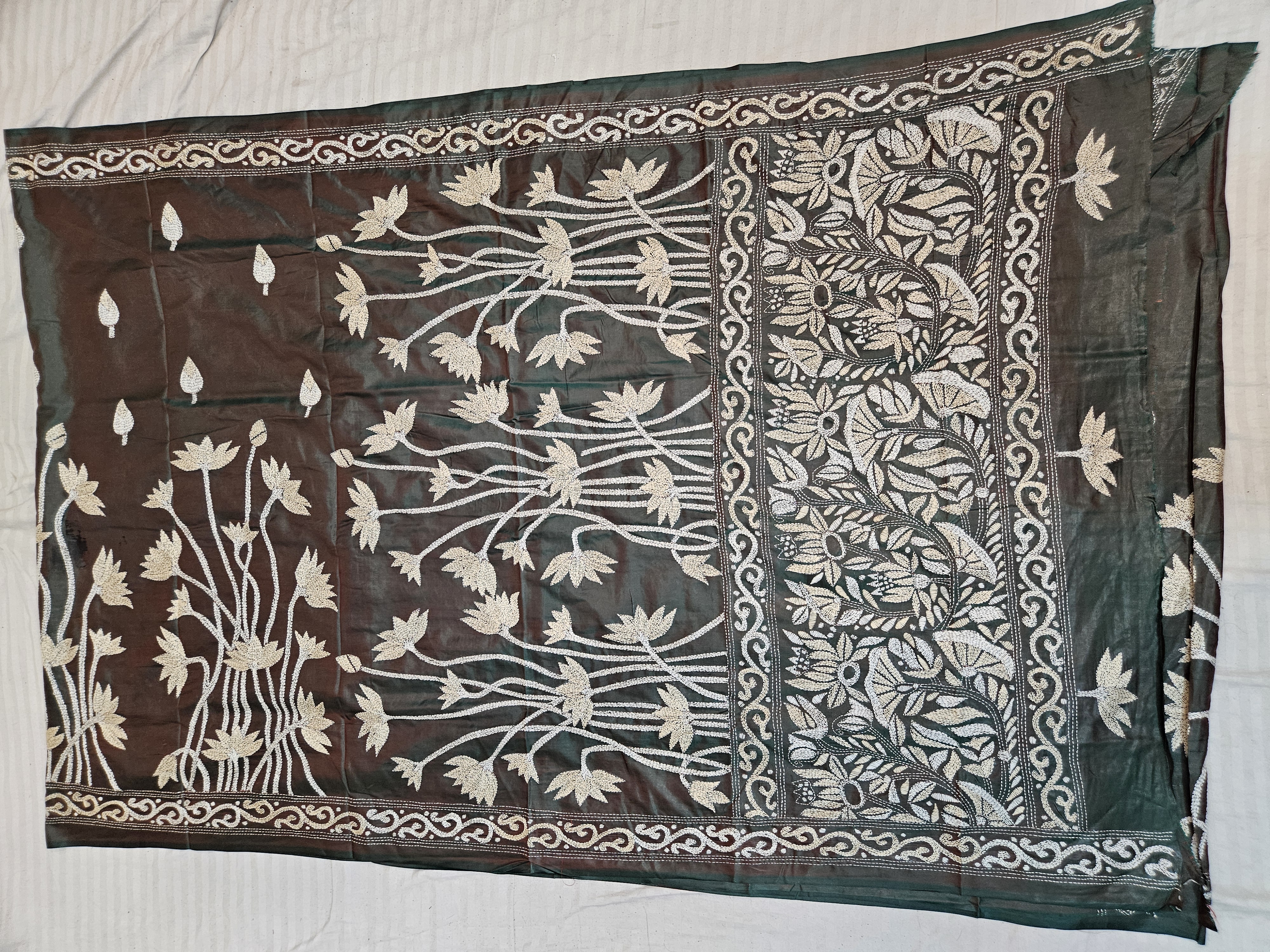 Charcoal Black Hand Embroidered Blended Bangalore Silk Saree with Standing Lotus Kantha Stitch Aanchal