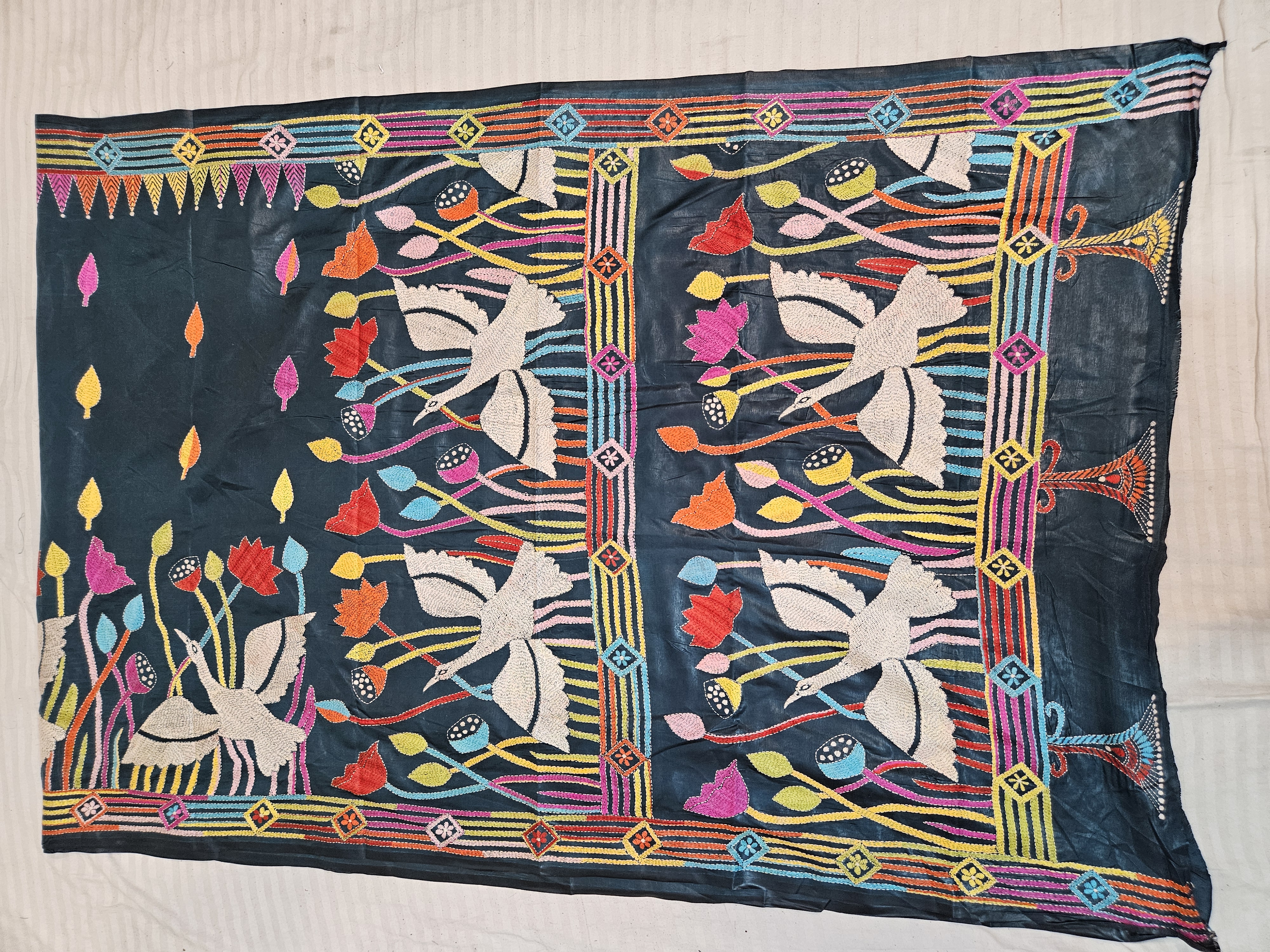 Midnight Black Hand Embroidered Blended Bangalore Silk Saree with Crane & Lotus Waterscape Kantha Stitch Aanchal
