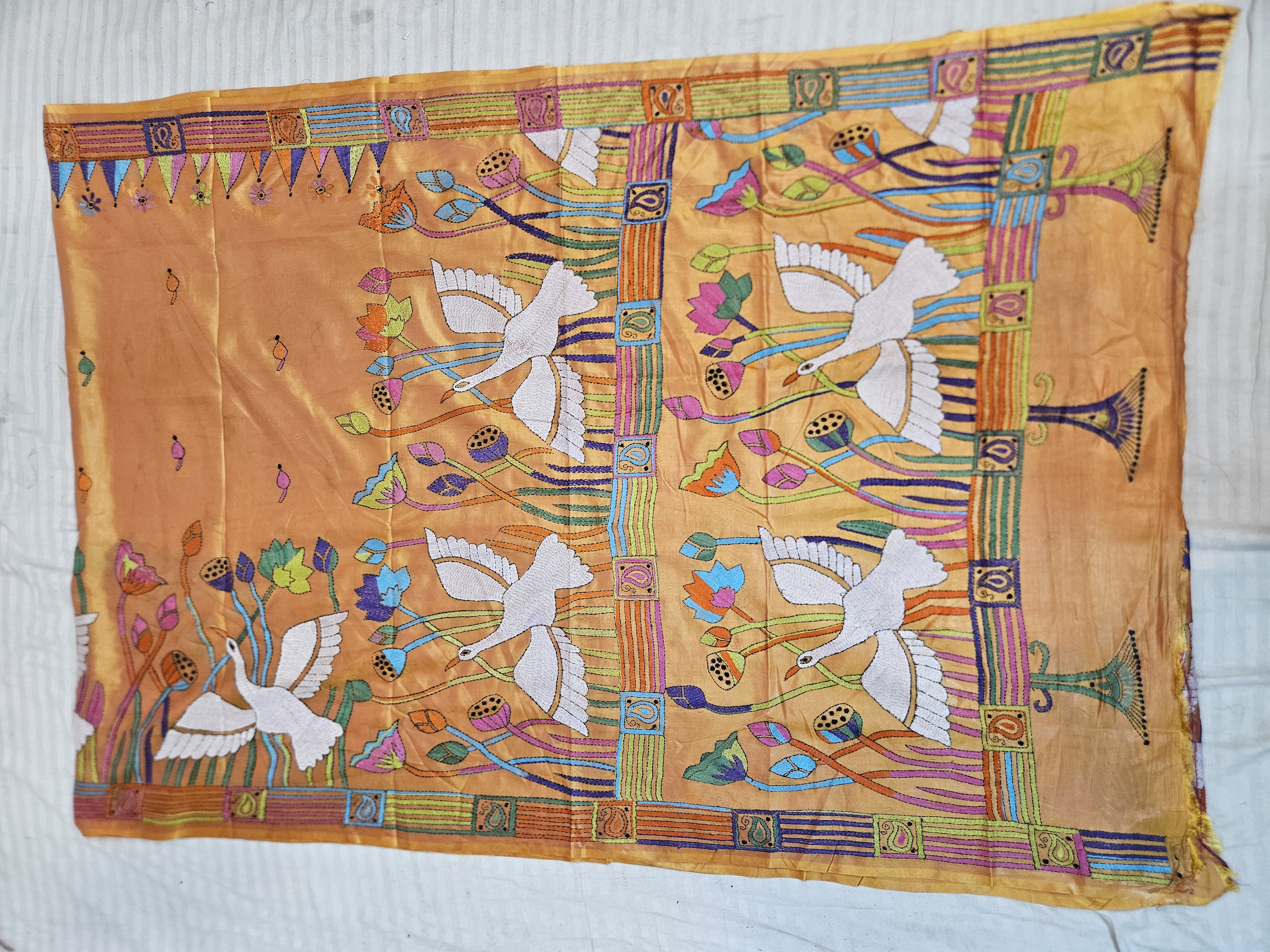 Peach Orange Hand Embroidered Blended Bangalore Silk Saree with Crane & Lotus Waterscape Kantha Stitch Aanchal