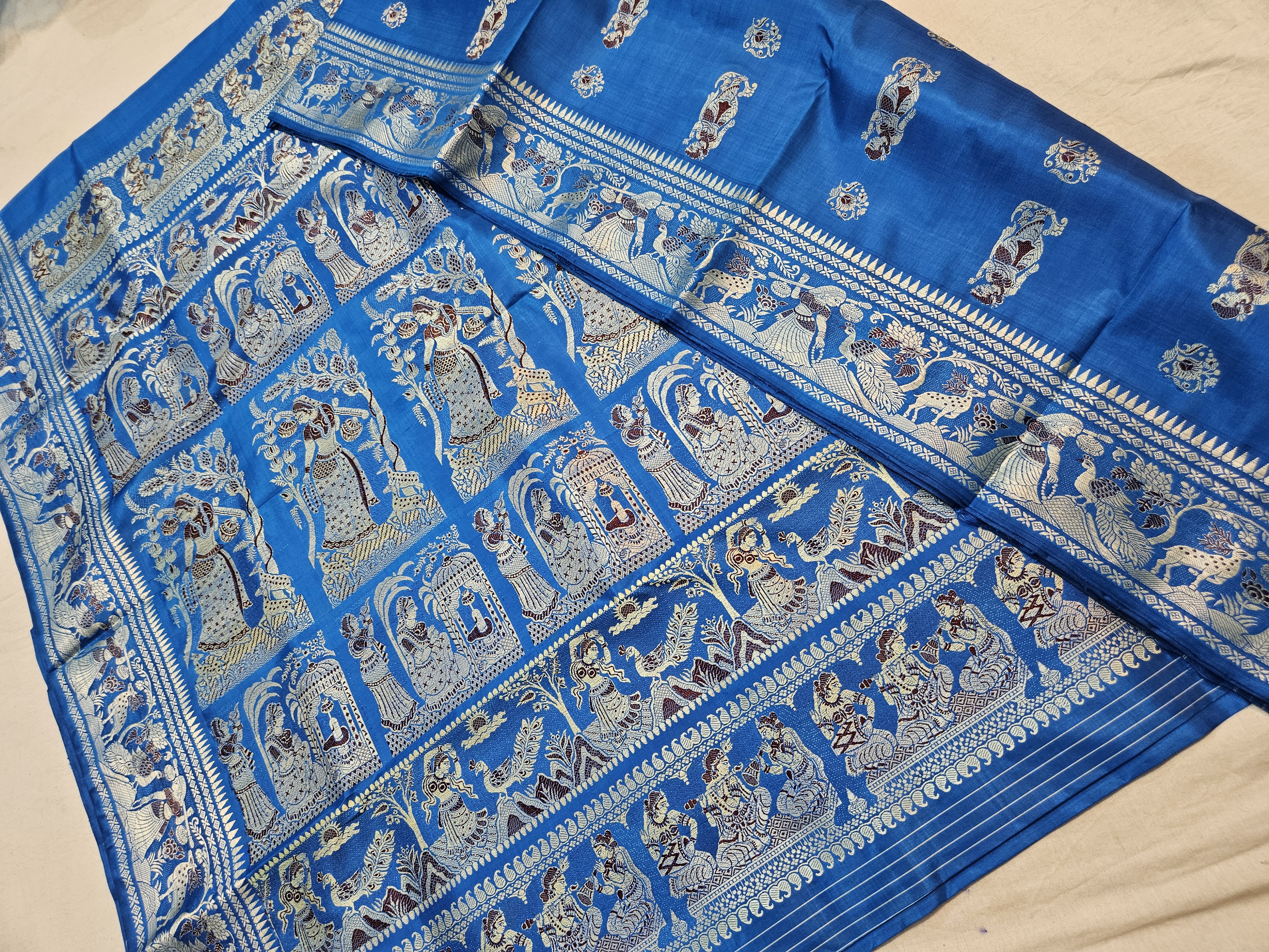 Firoza Blue Pure Bishnupur Silk Swarnachari Saree with Meenakari Courtly Figures Border & Durbar Narrative Pallu